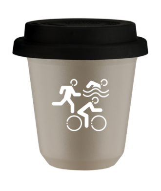 Tasse 80 ml BEIGE "Sports (blanc)", avec couvercle noir Tasse 80 ml BEIGE "Sports (blanc)", avec couvercle noir