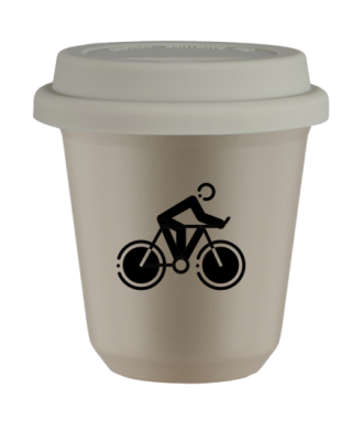 Tasse 80 ml BEIGE "Cyclisme 2 (noir)", avec couvercle blanc Tasse 80 ml BEIGE "Cyclisme 2 (noir)", avec couvercle blanc