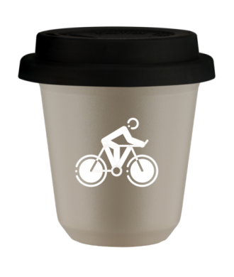 Tasse 80 ml BEIGE "Cyclisme 2 (blanc)", avec couvercle noir Tasse 80 ml BEIGE "Cyclisme 2 (blanc)", avec couvercle noir
