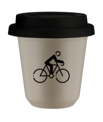 Tasse 80 ml BEIGE "Cyclisme 3", avec couvercle noir Tasse 80 ml BEIGE "Cyclisme 3", avec couvercle noir