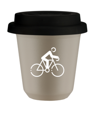 Tasse 80 ml BEIGE "Cyclisme 3 (blanc)", avec couvercle noir Tasse 80 ml BEIGE "Cyclisme 3 (blanc)", avec couvercle noir
