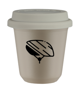 Tasse 80 ml BEIGE "Casque (noir)", avec couvercle blanc Tasse 80 ml BEIGE "Casque (noir)", avec couvercle blanc