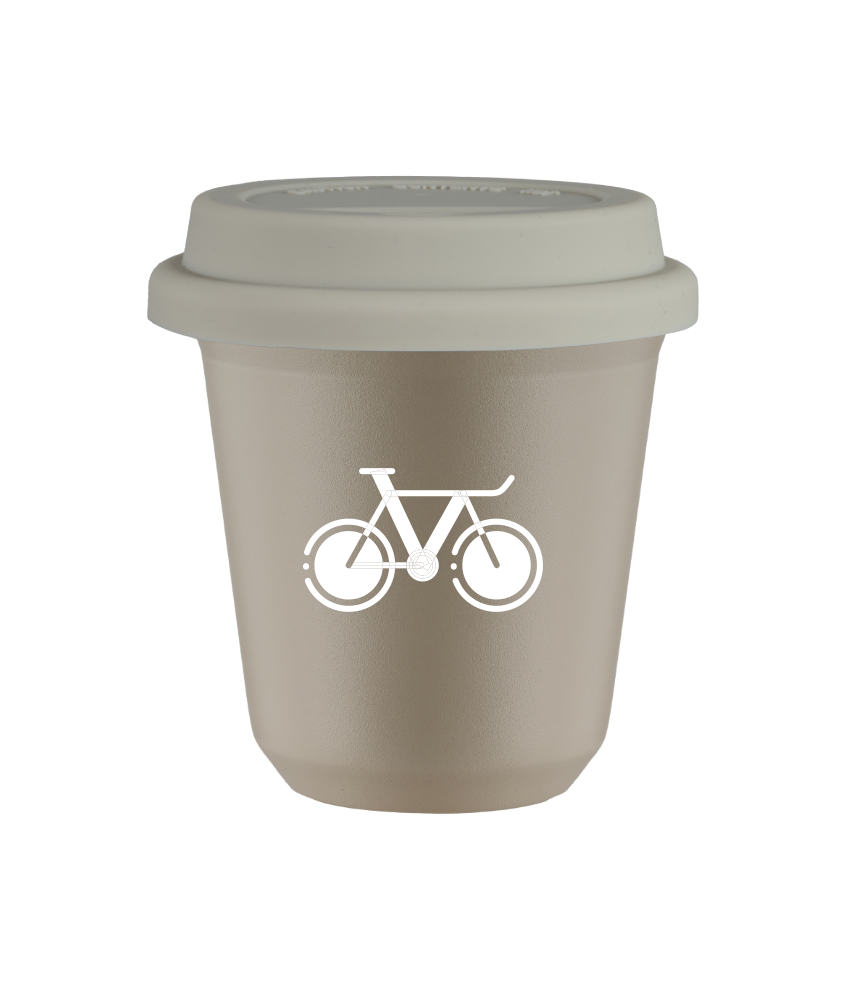 Tasse 80 ml BEIGE "Vélo 1 (blanc)", avec couvercle blanc Tasse 80 ml BEIGE "Vélo 1 (blanc)", avec couvercle blanc