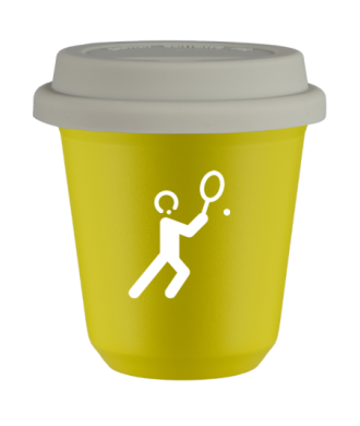 Tasse 80 ml JAUNE "Tennis 1 (blanc)", avec couvercle blanc Tasse 80 ml JAUNE "Tennis 1 (blanc)", avec couvercle blanc
