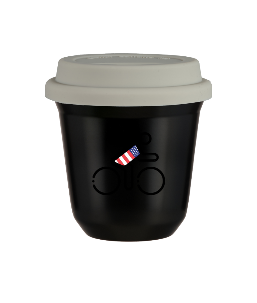 Tasse 80 ml NOIR "Cycliste aux couleurs britanniques", avec couvercle blanc