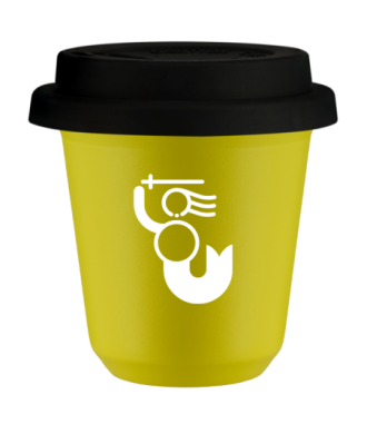 Tasse 80 ml JAUNE "WARSZAWSKA SYRENKA (blanc)", avec couvercle noir Tasse 80 ml JAUNE "WARSZAWSKA SYRENKA (blanc)", avec couvercle noir