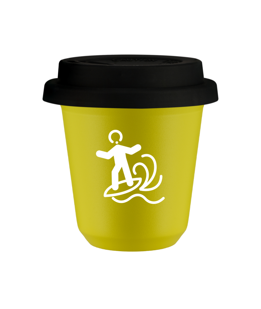 Tasse 80 ml JAUNE "Planche à voile (blanc)", avec couvercle noir Tasse 80 ml JAUNE "Planche à voile (blanc)", avec couvercle noir