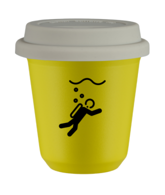 Tasse 80 ml JAUNE "Plongée (noir)", avec couvercle blanc Tasse 80 ml JAUNE "Plongée (noir)", avec couvercle blanc