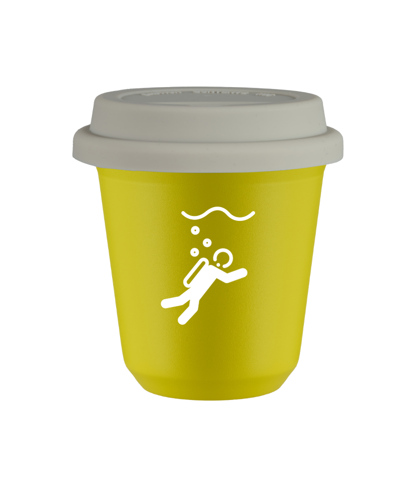 Tasse 80 ml JAUNE "Plongée (blanc)", avec couvercle blanc Tasse 80 ml JAUNE "Plongée (blanc)", avec couvercle blanc