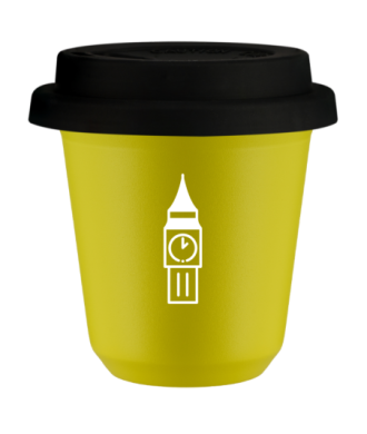 Tasse 80 ml JAUNE "BIG BEN (blanc)", avec couvercle noir Tasse 80 ml JAUNE "BIG BEN (blanc)", avec couvercle noir
