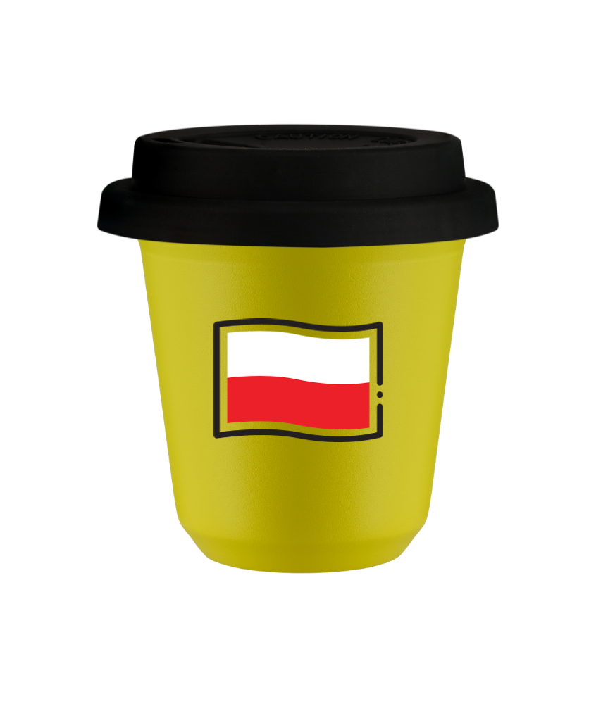 Tasse 80 ml JAUNE "Drapeau polonais", avec couvercle noir Tasse 80 ml JAUNE "Drapeau polonais", avec couvercle noir