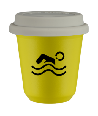 Tasse 80 ml JAUNE "Natation", avec couvercle blanc Tasse 80 ml JAUNE "Natation", avec couvercle blanc