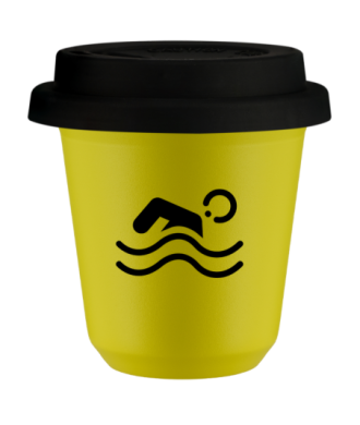 Tasse 80 ml JAUNE "Natation (noir)", avec couvercle noir Tasse 80 ml JAUNE "Natation (noir)", avec couvercle noir