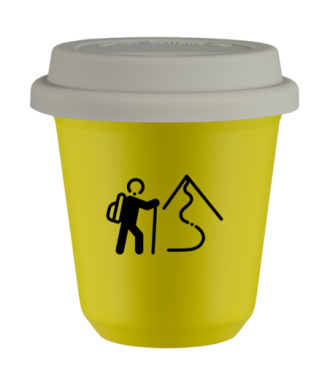 Tasse 80 ml JAUNE "Escalade 2 (noir)", avec couvercle blanc Tasse 80 ml JAUNE "Escalade 2 (noir)", avec couvercle blanc