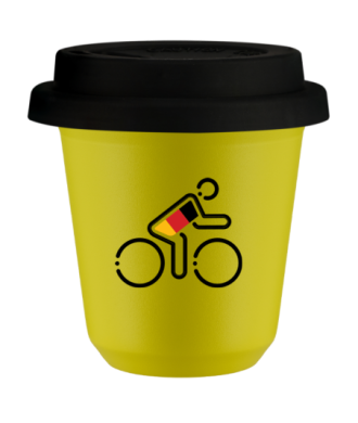 Tasse 80 ml JAUNE "Cycliste aux couleurs allemandes (noir)", avec couvercle noir Tasse 80 ml JAUNE "Cycliste aux couleurs allemandes (noir)", avec couvercle noir