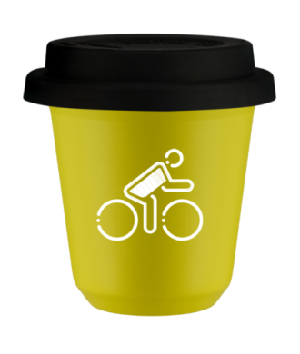 Tasse 80 ml JAUNE "Cycliste aux couleurs britanniques (blanc)", avec couvercle noir Tasse 80 ml JAUNE "Cycliste aux couleurs britanniques (blanc)", avec couvercle noir