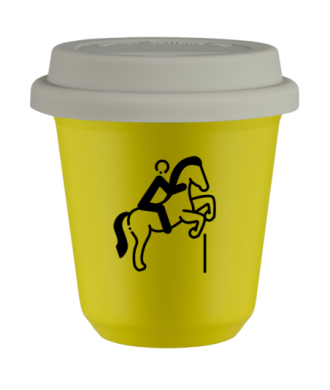 Tasse 80 ml JAUNE "Équitation 1", avec couvercle blanc Tasse 80 ml JAUNE "Équitation 1", avec couvercle blanc
