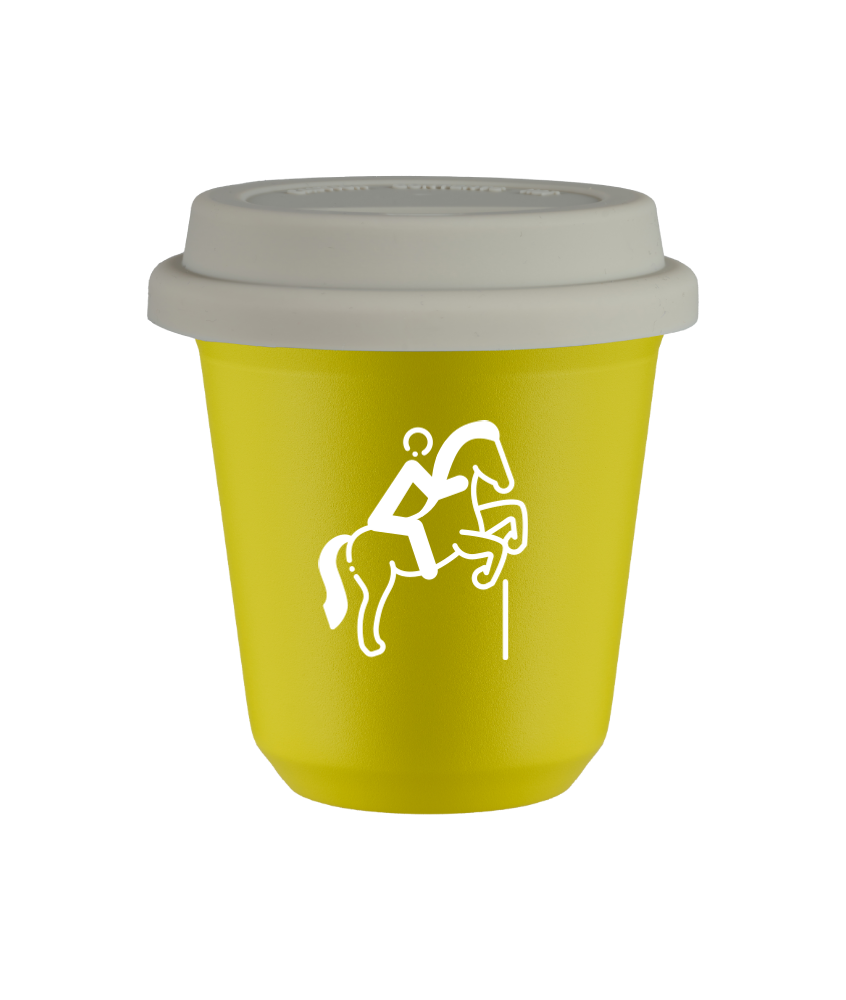 Tasse 80 ml JAUNE "Équitation 1 (blanc)", avec couvercle blanc Tasse 80 ml JAUNE "Équitation 1 (blanc)", avec couvercle blanc