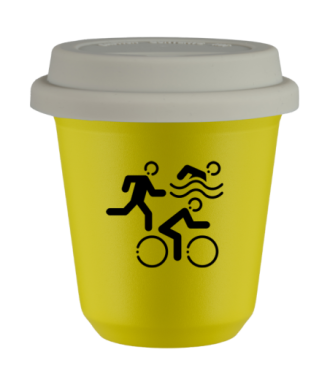 Tasse 80 ml JAUNE "Sports", avec couvercle blanc Tasse 80 ml JAUNE "Sports", avec couvercle blanc