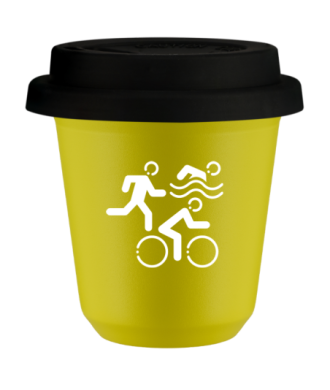 Tasse 80 ml JAUNE "Sports (blanc)", avec couvercle noir Tasse 80 ml JAUNE "Sports (blanc)", avec couvercle noir