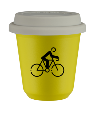 Tasse 80 ml JAUNE "Cyclisme 3 (noir)", avec couvercle blanc Tasse 80 ml JAUNE "Cyclisme 3 (noir)", avec couvercle blanc