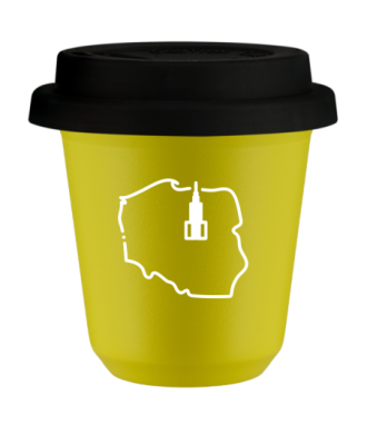 Tasse 80 ml JAUNE "Pologne (blanc)", avec couvercle noir Tasse 80 ml JAUNE "Pologne (blanc)", avec couvercle noir