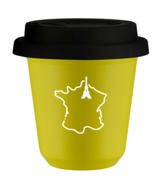 Tasse 80 ml JAUNE "France (blanc)", avec couvercle noir Tasse 80 ml JAUNE "France (blanc)", avec couvercle noir