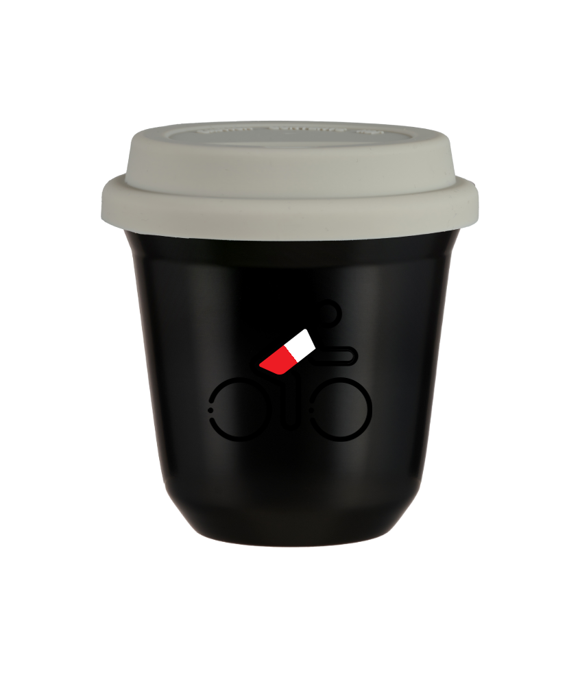 Tasse 80 ml NOIR "Cycliste aux couleurs polonaises", avec couvercle blanc