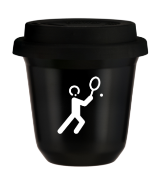 Tasse 150 ml NOIR "Tennis 1 (blanc)", avec couvercle noir Tasse 150 ml NOIR "Tennis 1 (blanc)", avec couvercle noir