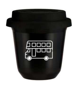 Tasse 150 ml NOIR "Bus (blanc)", avec couvercle noir Tasse 150 ml NOIR "Bus (blanc)", avec couvercle noir