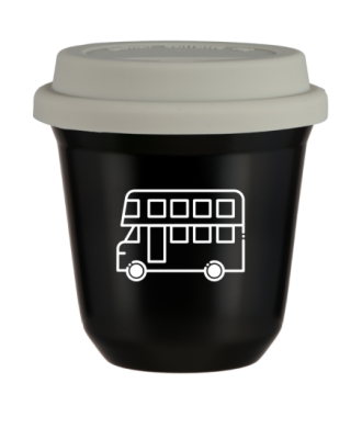 Tasse 150 ml NOIR "Bus (blanc)", avec couvercle blanc Tasse 150 ml NOIR "Bus (blanc)", avec couvercle blanc