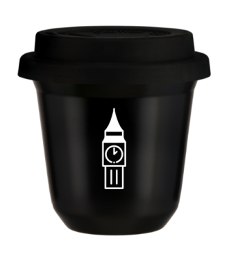 Tasse 150 ml NOIR "BIG BEN (blanc)", avec couvercle noir Tasse 150 ml NOIR "BIG BEN (blanc)", avec couvercle noir