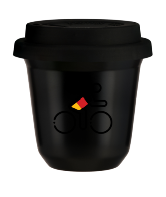Tasse 150 ml NOIR "Cycliste aux couleurs allemandes", avec couvercle noir Tasse 150 ml NOIR "Cycliste aux couleurs allemandes", avec couvercle noir