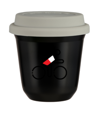 Tasse 150 ml NOIR "Cycliste aux couleurs polonaises", avec couvercle blanc Tasse 150 ml NOIR "Cycliste aux couleurs polonaises", avec couvercle blanc