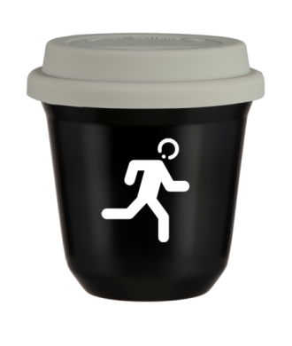Tasse 150 ml NOIR "Coureur (blanc)", avec couvercle blanc Tasse 150 ml NOIR "Coureur (blanc)", avec couvercle blanc
