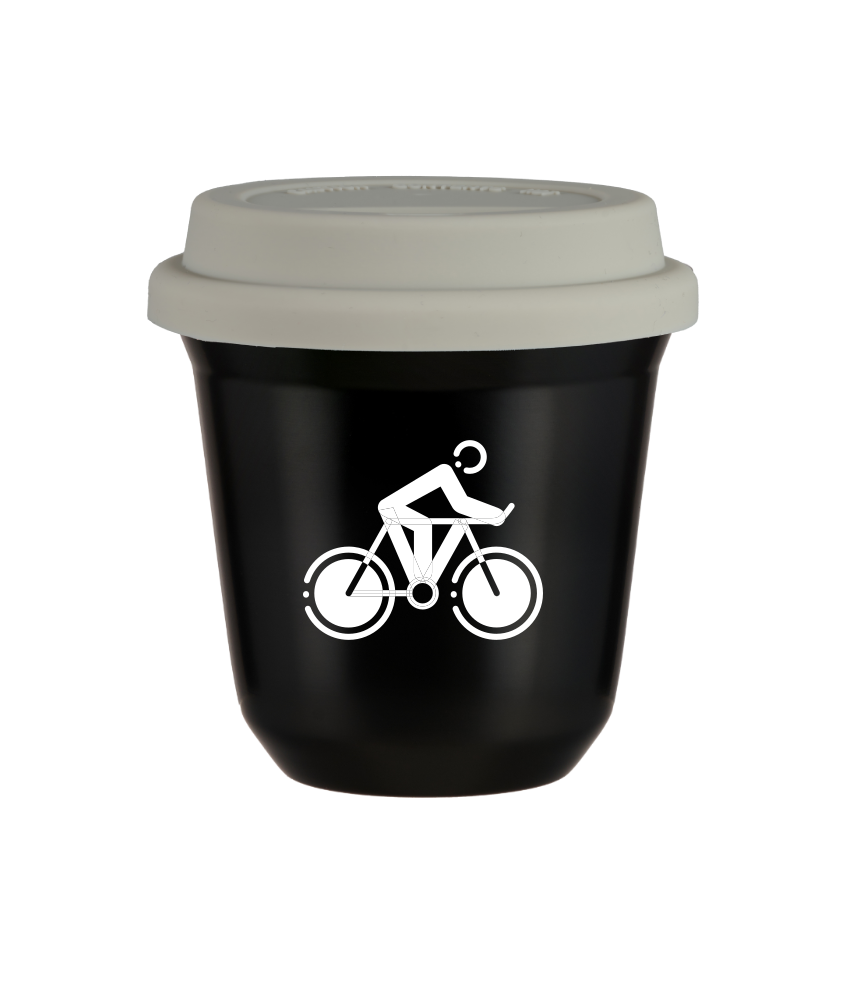 Tasse 150 ml NOIR "Cyclisme 2 (blanc)", avec couvercle blanc Tasse 150 ml NOIR "Cyclisme 2 (blanc)", avec couvercle blanc