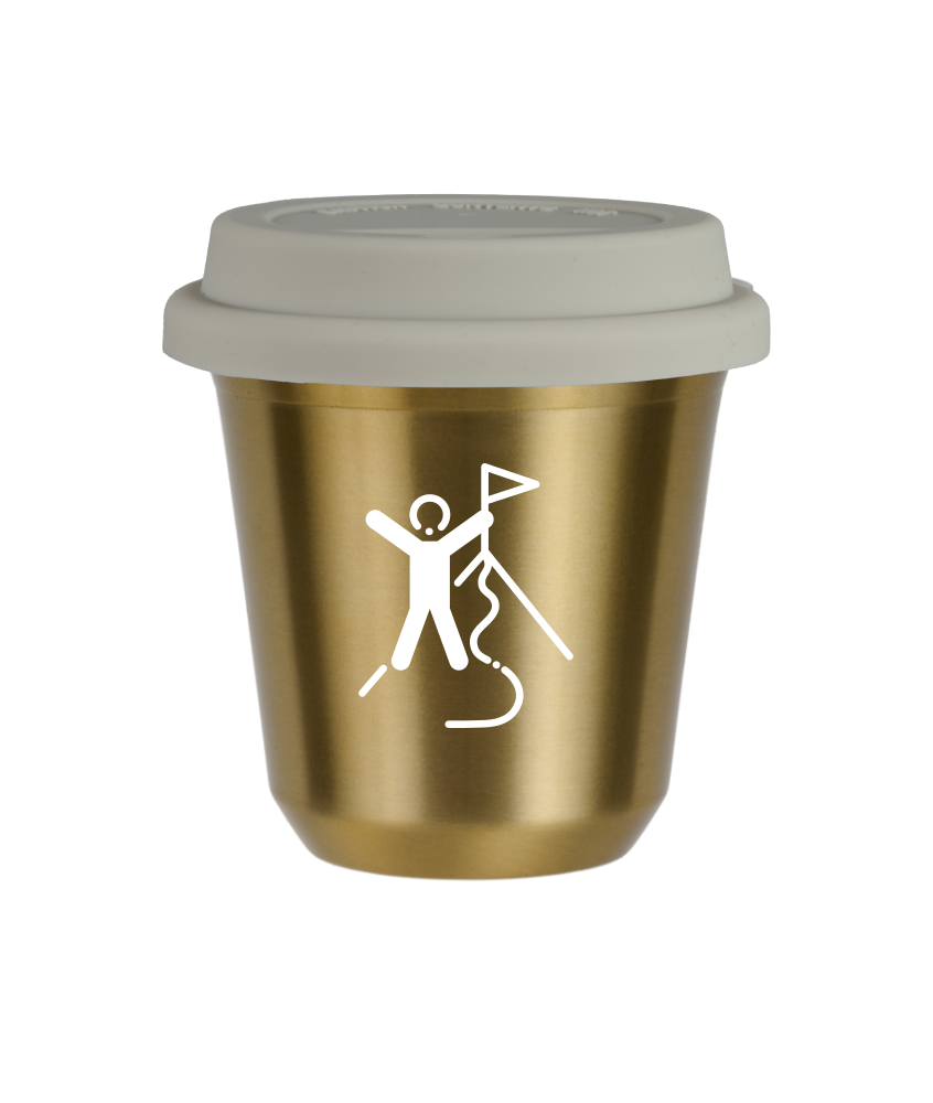 Tasse 80 ml OR "Escalade 1 (blanc)", avec couvercle blanc