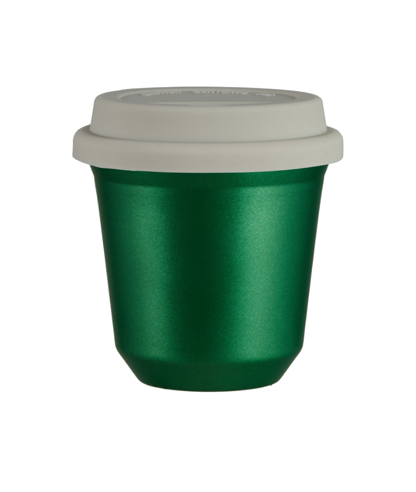 Tasse 150 ml VERT MÉTALLIQUE, avec couvercle blanc