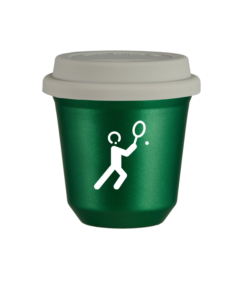 Tasse 150 ml VERT MÉTALLIQUE "Tennis 1 (blanc)", avec couvercle blanc Tasse 150 ml VERT MÉTALLIQUE "Tennis 1 (blanc)", avec couvercle blanc
