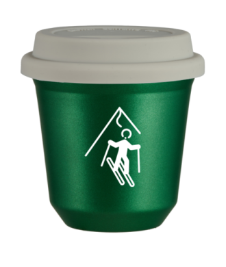 Tasse 150 ml VERT MÉTALLIQUE "Ski (blanc)", avec couvercle blanc Tasse 150 ml VERT MÉTALLIQUE "Ski (blanc)", avec couvercle blanc