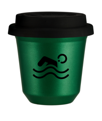 Tasse 150 ml VERT MÉTALLIQUE "Natation", avec couvercle noir Tasse 150 ml VERT MÉTALLIQUE "Natation", avec couvercle noir