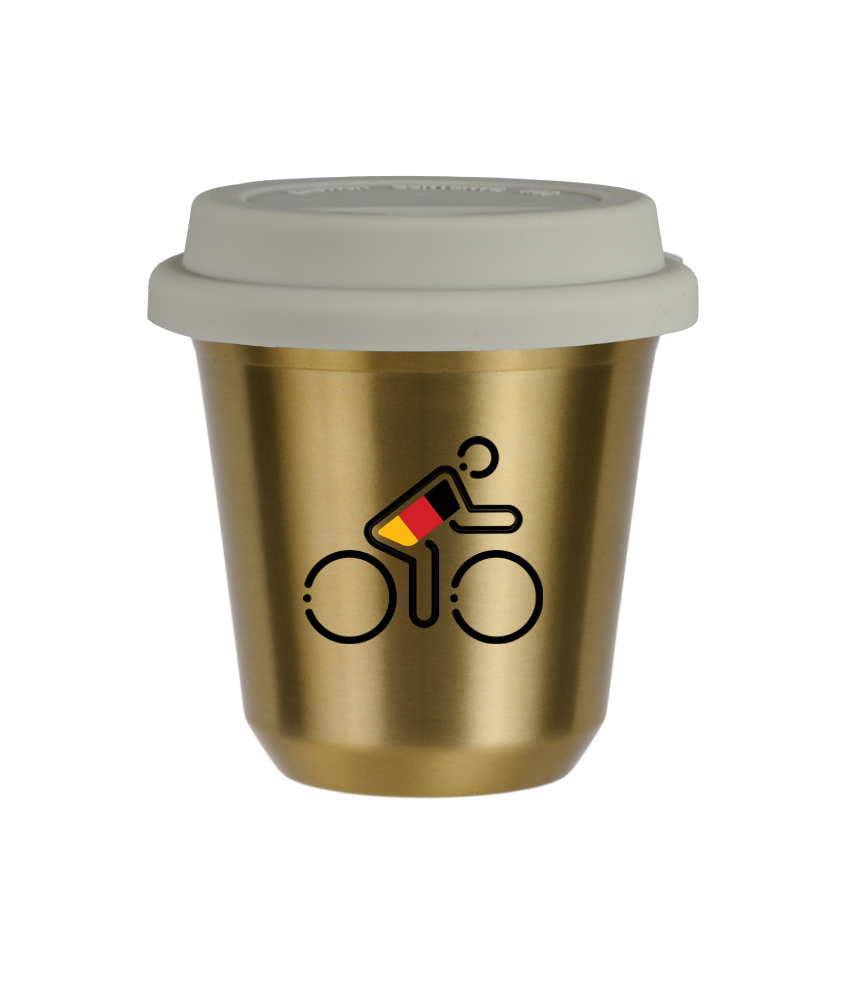 Tasse 80 ml OR "Cycliste aux couleurs allemandes", avec couvercle blanc