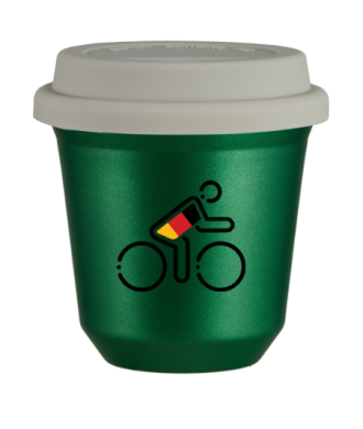 Tasse 150 ml VERT MÉTALLIQUE "Cycliste aux couleurs allemandes", avec couvercle blanc Tasse 150 ml VERT MÉTALLIQUE "Cycliste aux couleurs allemandes", avec couvercle blanc