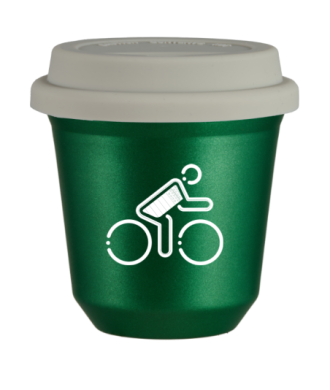 Tasse 150 ml VERT MÉTALLIQUE "Cycliste aux couleurs britanniques (blanc)", avec couvercle blanc Tasse 150 ml VERT MÉTALLIQUE "Cycliste aux couleurs britanniques (blanc)", avec couvercle blanc