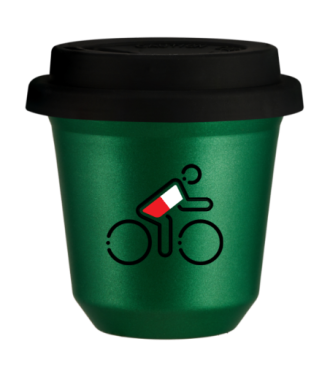 Tasse 150 ml VERT MÉTALLIQUE "Cycliste aux couleurs polonaises", avec couvercle noir Tasse 150 ml VERT MÉTALLIQUE "Cycliste aux couleurs polonaises", avec couvercle noir