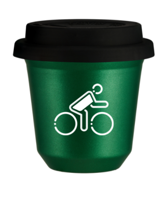 Tasse 150 ml VERT MÉTALLIQUE "Cycliste aux couleurs polonaises (blanc)", avec couvercle noir Tasse 150 ml VERT MÉTALLIQUE "Cycliste aux couleurs polonaises (blanc)", avec couvercle noir