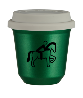 Tasse 150 ml VERT MÉTALLIQUE "Équitation 2 (noir)", avec couvercle blanc Tasse 150 ml VERT MÉTALLIQUE "Équitation 2 (noir)", avec couvercle blanc