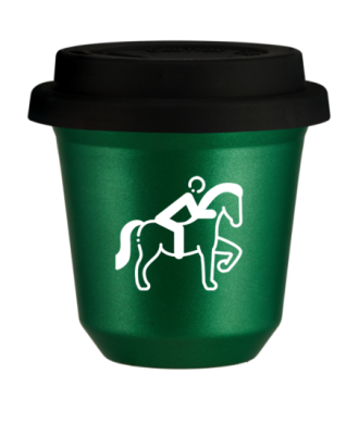 Tasse 150 ml VERT MÉTALLIQUE "Équitation 2 (blanc)", avec couvercle noir Tasse 150 ml VERT MÉTALLIQUE "Équitation 2 (blanc)", avec couvercle noir