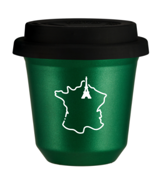 Tasse 150 ml VERT MÉTALLIQUE "France (blanc)", avec couvercle noir Tasse 150 ml VERT MÉTALLIQUE "France (blanc)", avec couvercle noir