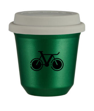 Tasse 150 ml VERT MÉTALLIQUE "Vélo 1", avec couvercle blanc Tasse 150 ml VERT MÉTALLIQUE "Vélo 1", avec couvercle blanc